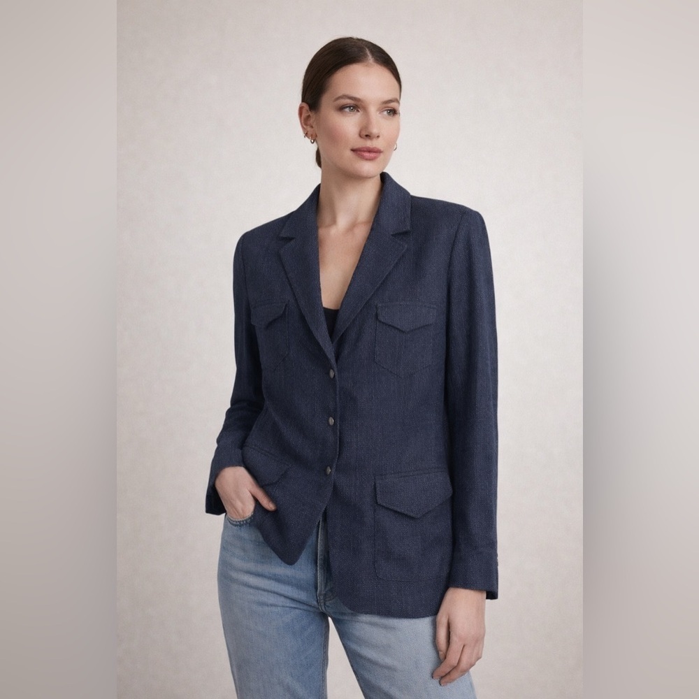 Elie Tahari Women’s Navy Blue Linen Blazer Jacket Size 12 Tailored Classic